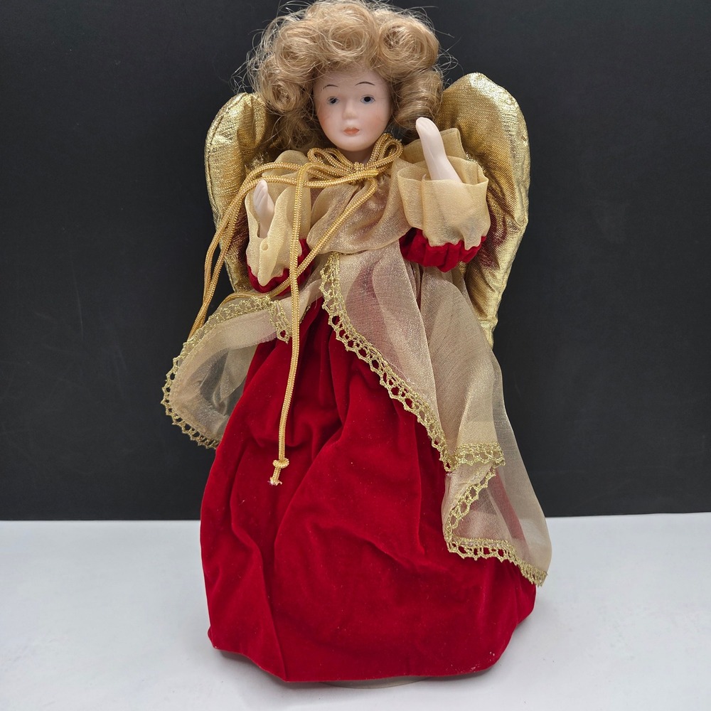 Vintage Christmas Angel Tree Topper Porcelain Red Velvet Gold 12in Holiday Decor
